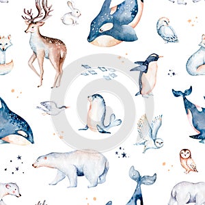 Seamless watercolor pattern nursery polar arctic animals watercolor collection set. snowy owl. reindeer. polar bear. fox. penguin