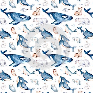 Seamless watercolor pattern nursery polar arctic animals watercolor collection set. snowy owl. reindeer. polar bear. fox. penguin