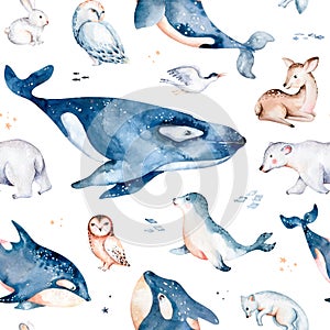 Seamless watercolor pattern nursery polar arctic animals watercolor collection set. snowy owl. reindeer. polar bear. fox. penguin