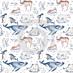 Seamless watercolor pattern nursery polar arctic animals watercolor collection set. snowy owl. reindeer. polar bear. fox. penguin