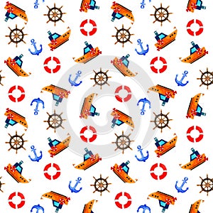 Seamless watercolor pattern of orange boats and anchor, helm. Red life buoy.