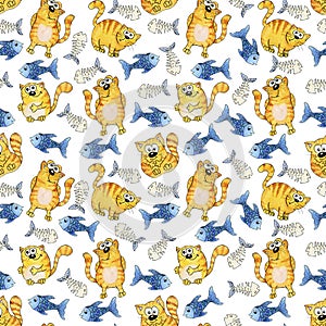 Seamless watercolor pattern. Orange, striped funny cats with blue fish