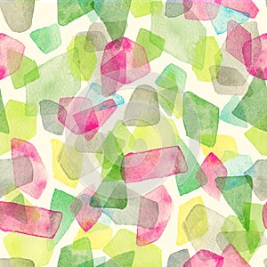 Seamless watercolor pattern with overlapped colorful dots - red, green, grey tints.