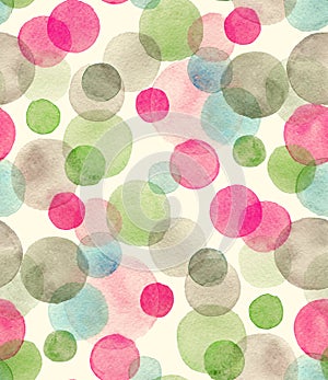 Seamless watercolor pattern with overlapped colorful dots - red, green, grey tints.