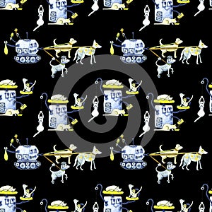 Seamless watercolor pattern with painted modern robots for pets. Gears, science, technology, gadgets for life