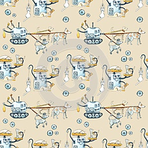 Seamless watercolor pattern with painted modern robots for pets. Gears, science, technology, gadgets for life