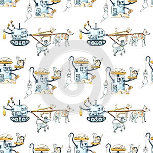 Seamless watercolor pattern with painted modern robots for pets. Gears, science, technology, gadgets for life