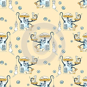 Seamless watercolor pattern with painted modern robots for pets. Gears, science, technology, gadgets for life