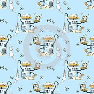 Seamless watercolor pattern with painted modern robots for pets. Gears, science, technology, gadgets for life