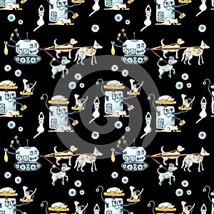 Seamless watercolor pattern with painted modern robots for pets. Gears, science, technology, gadgets for life