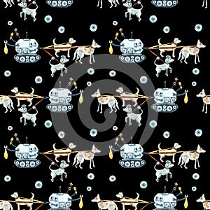 Seamless watercolor pattern with painted modern robots for pets. Gears, science, technology, gadgets for life