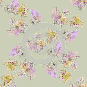 Seamless watercolor pattern with painted pink-yellow flowers on a gray-green background