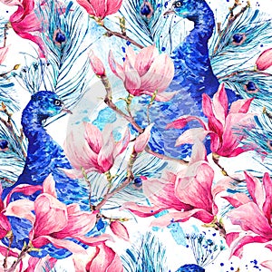 Seamless Watercolor Pattern with Pair of Peacock, Flowers Magnol