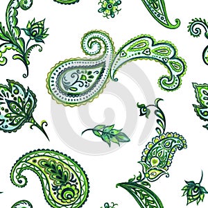 Seamless watercolor pattern Paisley in green colors.