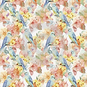 A seamless watercolor pattern of a parrots and flowers