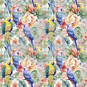 A seamless watercolor pattern of a parrots and flowers
