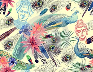 Seamless watercolor pattern with peacocks, leaves, flowers, buddha head, maharajah.