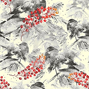 Senza soluzione di continuità acquerello modello una foto da uccello evviva. uccello sul abete rosso ramo ramo frutti di bosco montagna 