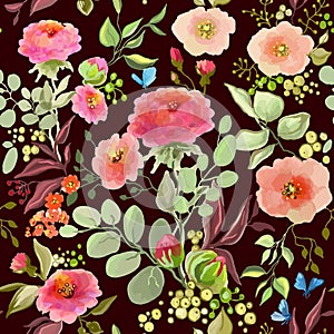 Seamless watercolor pattern with pink peonies and roses on dark burgundy background, Vector Illustration on a light background.