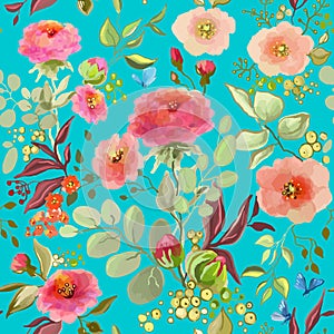 Seamless watercolor pattern with pink peonies and roses on a pastel bue background, Vector Illustration on a light background.