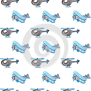 Seamless watercolor pattern. a plane and a helicopter.