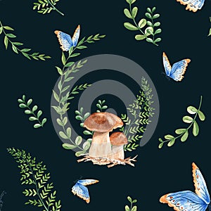 Seamless watercolor pattern with porcini mushrooms, fern, green branches and blue butterfly. Botanical summer hand drawn