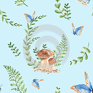 Seamless watercolor pattern with porcini mushrooms, fern, green branches and blue butterfly. Botanical summer hand drawn