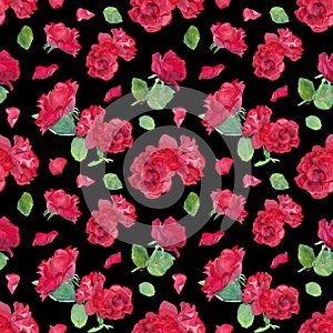 Seamless watercolor pattern of red roses, green leaves, roses petals. Floral illustration on black background. Botanical design