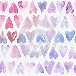 Seamless watercolor pattern with regular colorful hearts