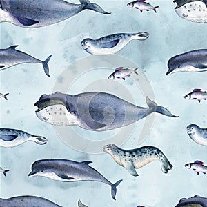 Seamless watercolor pattern about sea fauna. marine animal. Dolphin, whale, fish and seal on blue background