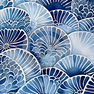 Seamless watercolor pattern with seashells in blue tones