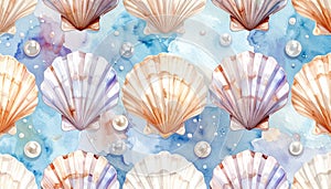 Seamless Watercolor Pattern of Seashells and Pearls on a Blue Textured Background