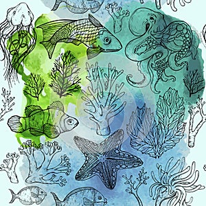 Seamless watercolor pattern with sketch of deepwater living organisms, fish and algae