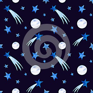 Seamless watercolor pattern, stars and shooting stars on a dark background. Space pattern for various products for kids.