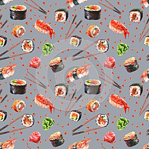 Seamless watercolor pattern with sushi, rolls, nigiri, gunkan shrimp, tuna, wasabi, chopsticks on a grey background.