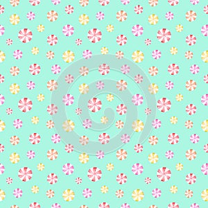 Seamless watercolor pattern with sweet peppermint candy cane swirl on mint green background for cute holiday design