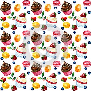 Seamless watercolor pattern with sweets, berries and leafs