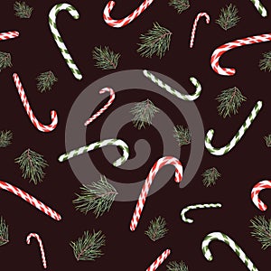 Seamless watercolor pattern with tasty fruit candy cane, pine branches. Bonbons, candies, sugar caramels, Christmas tree, conifer