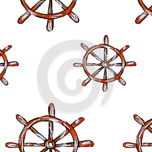 Seamless watercolor pattern on the theme of the sea, consisting of ship`s rudders . It can be used for printing on