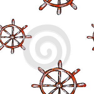 Seamless watercolor pattern on the theme of the sea, consisting of ship`s rudders . It can be used for printing on