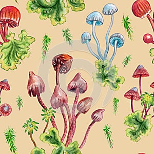 Seamless watercolor pattern of toadstools and moss on a beige background