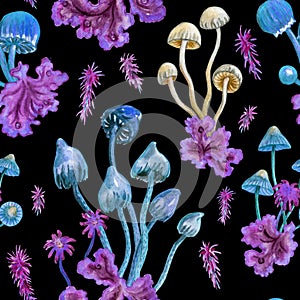 Seamless watercolor pattern of toadstools and moss on a black background