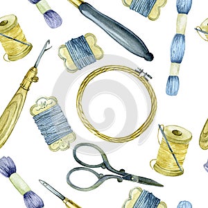 Seamless watercolor pattern tools for embroidery. hoops, threads, scissors, yarn, punch needle. tools for carpet embroidery and em