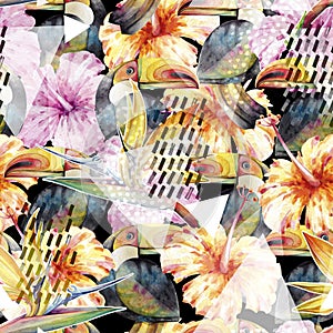 Seamless watercolor pattern of tropical flowers and abstract and geometric elements.