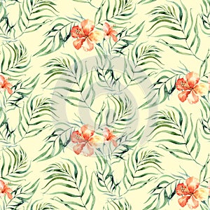 Seamless watercolor pattern of tropical leaves, aloha jungle decoration. Hand painted palm leaf. Texture with tropic