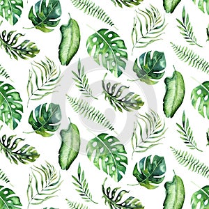 Seamless watercolor pattern of tropical leaves, aloha jungle decoration. Hand painted palm leaf. Texture with tropic