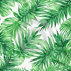 Seamless watercolor pattern of tropical leaves, dense jungle.