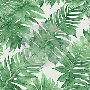 Seamless watercolor pattern of tropical leaves, dense jungle.