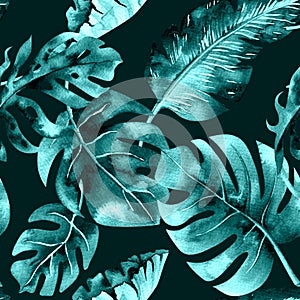 Seamless watercolor pattern of tropical leaves, dense jungle. Ha photo