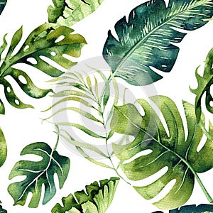 Seamless watercolor pattern of tropical leaves, dense jungle. Ha photo